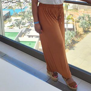 Women's Palazzo Trousers Plain Ladies Baggy Wide Leg Flared Pants Almond